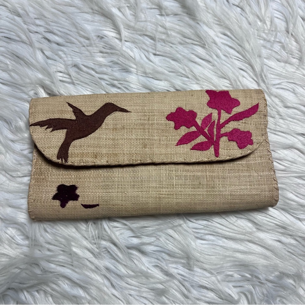 Elegant Tan Clutch with Pink Floral Design